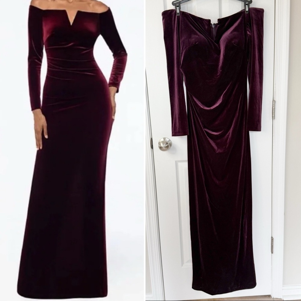 Xscape Off-The-Shoulder Maroon Velvet Long Sleeve Dress NEW V-bar Neckline 12